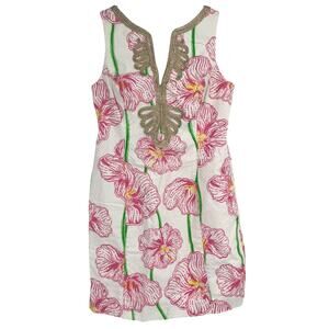 Lilly Pulitzer Janice Shift Dress Resort White Gold Pink Clover Cup Women's 10